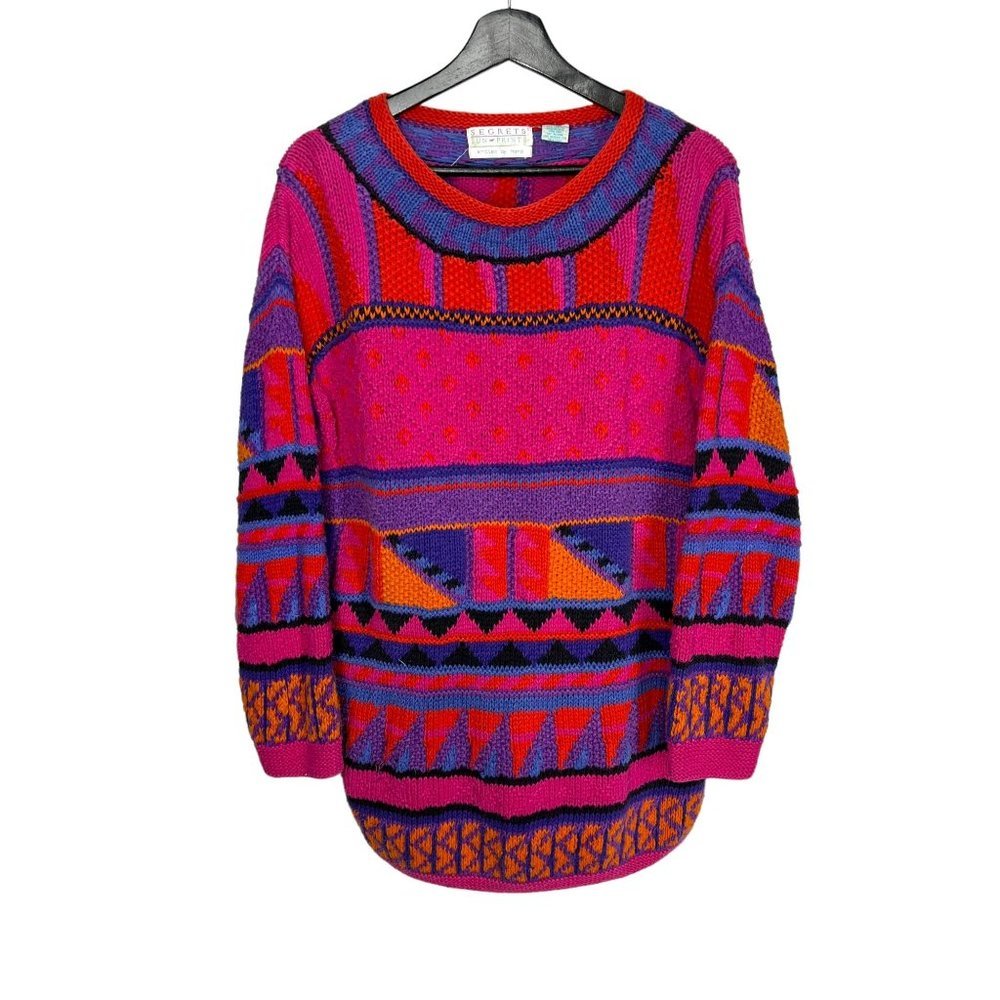 Vintage 90s Pink Multicolor Knit Pullover Geometric Print Sweater Large